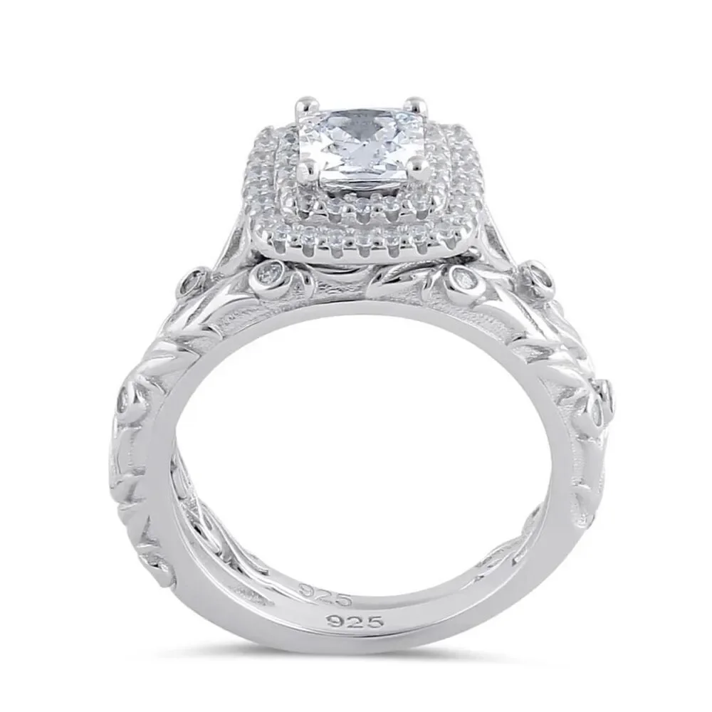 Sterling Silver Clear CZ Vintage Engagement Ring Set New